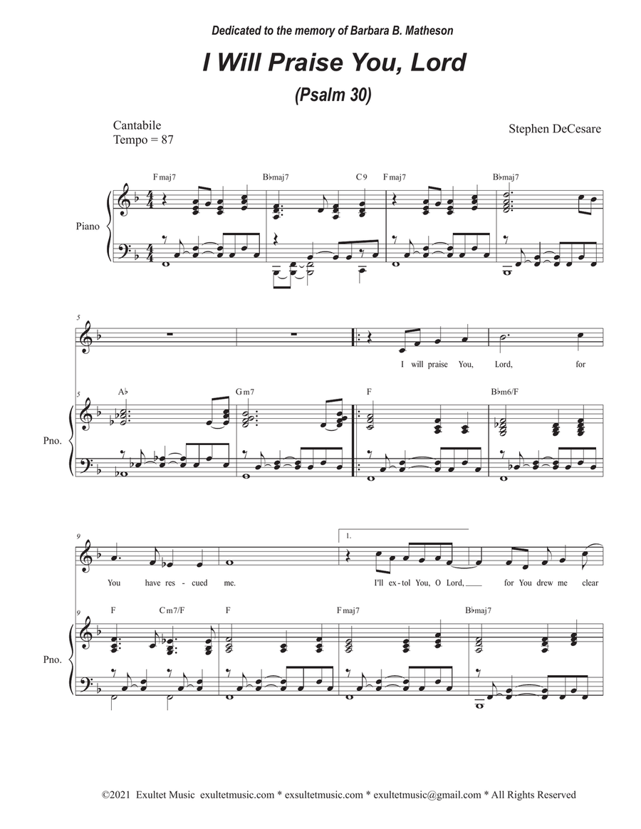 I Will Praise You, Lord (Psalm 30) (Vocal Score) Piano, Vocal scores gallery preview page 1