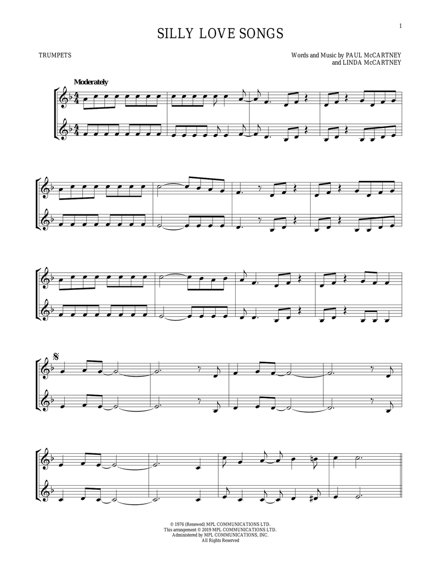 Silly Love Songs Silly Love Songs Trumpet Duet scores gallery preview page 1