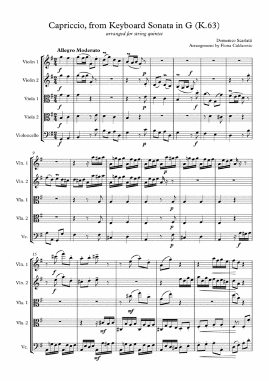 Scarlatti Capriccio arranged for String Quintet String Quintet scores gallery preview page 2