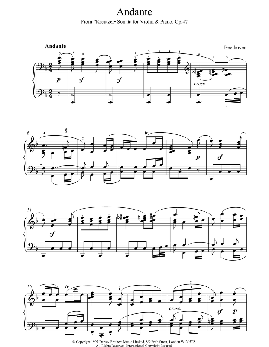 Andante Kreutzer Sonata Piano Solo scores gallery preview page 1