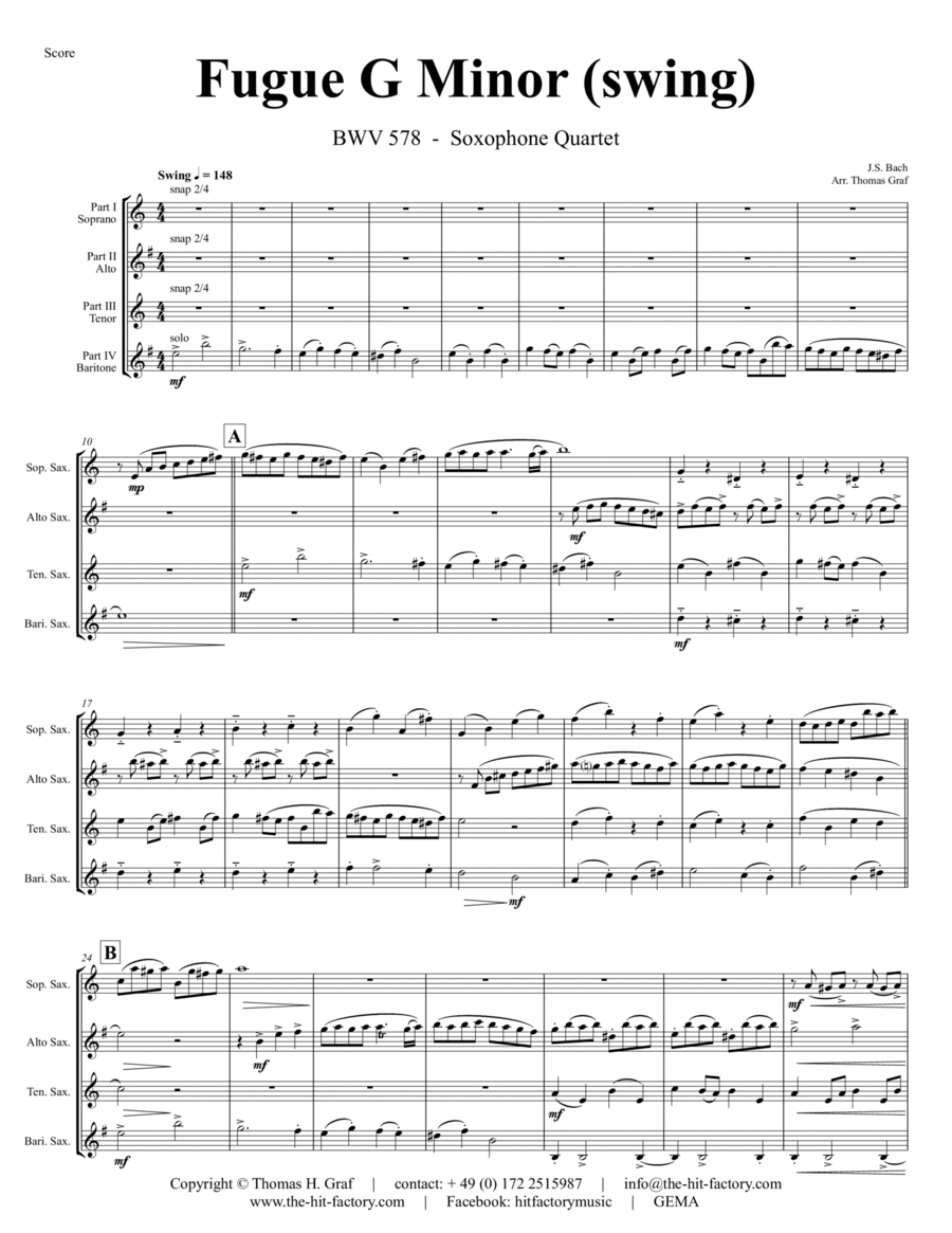 Fugue G Minor - (the 'little') - BWV 578 - Swing - Saxophone Quartet Saxophone Quartet scores gallery preview page 1