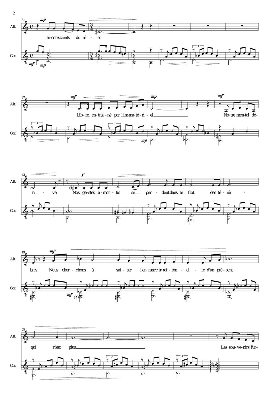 L'Inconscient (Dans les fluides abîmes de la nuit) for alto and guitar Vocal Duet scores gallery preview page 2