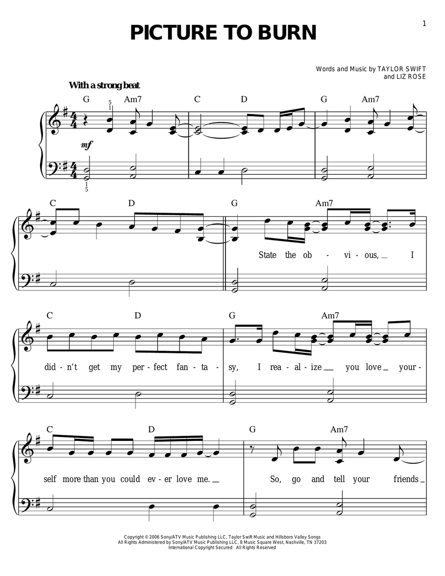 Picture To Burn Easy Piano scores gallery preview page 1