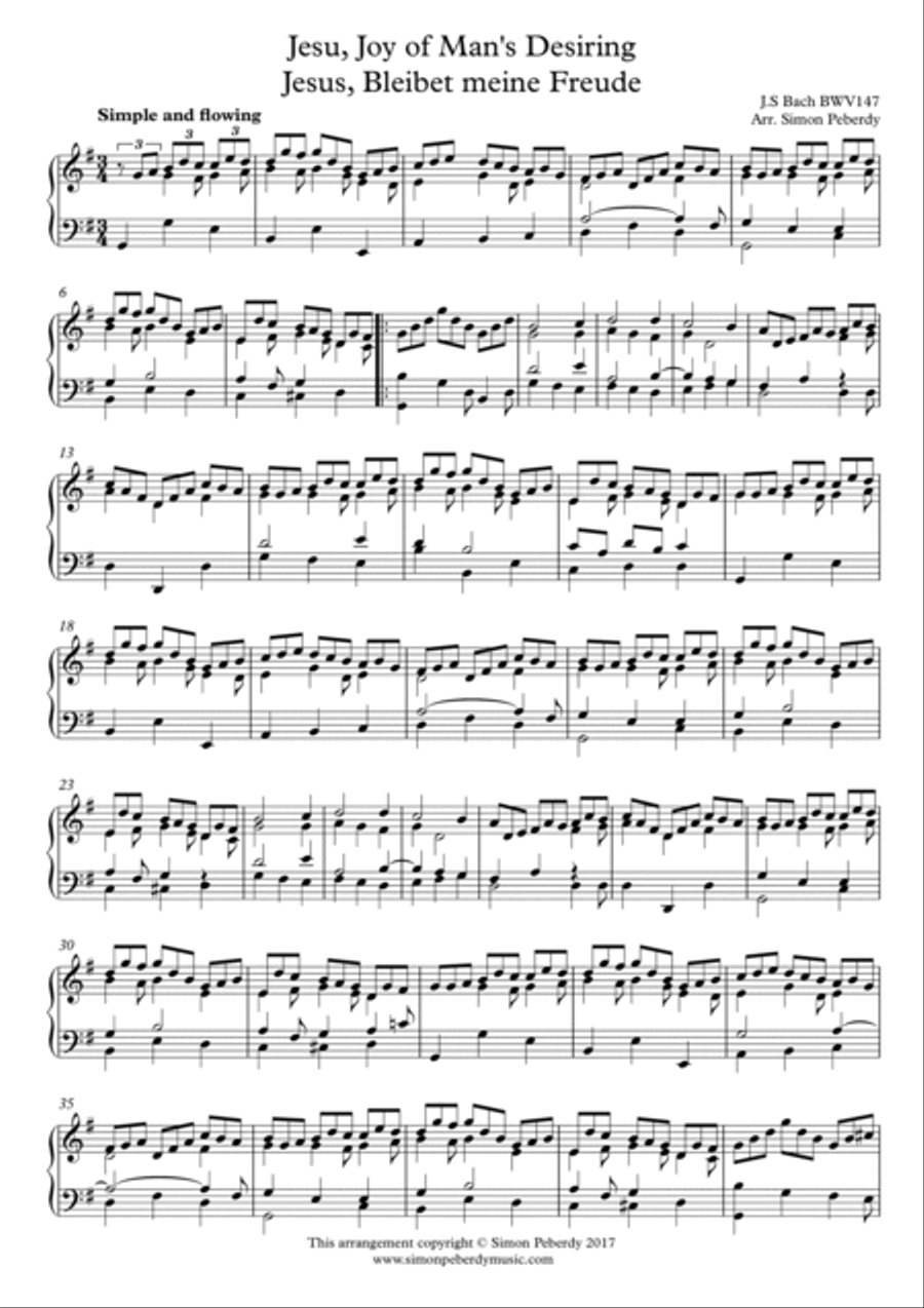 Jesu, Joy of man's desiring (Jesus, bleibet meine Freude) for piano solo (J S Bach) arr. Simon Peber