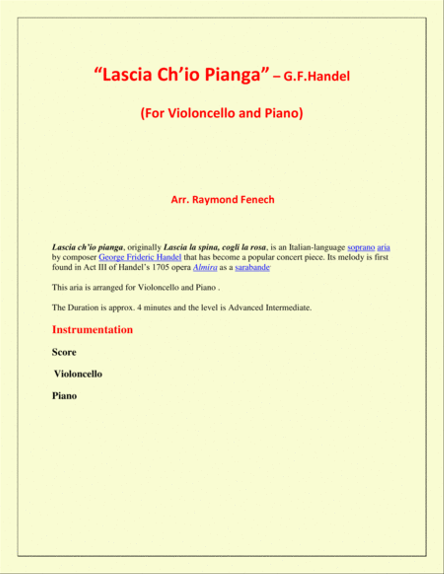 Lascia Ch'io Pianga - From Opera 'Rinaldo' - G.F. Handel ( Violoncello and Piano) Chamber Orchestra scores gallery preview page 2