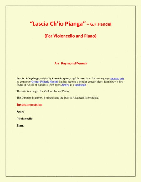 Lascia Ch'io Pianga - From Opera 'Rinaldo' - G.F. Handel ( Violoncello and Piano) image number null