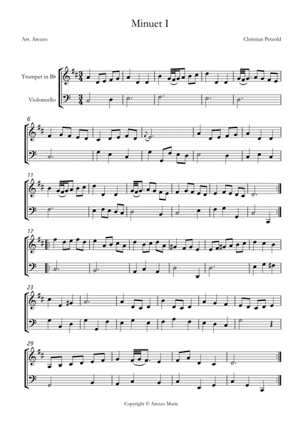 bach bwv anh 114 minuet in g Trumpet and cello sheet music with ornaments image number null