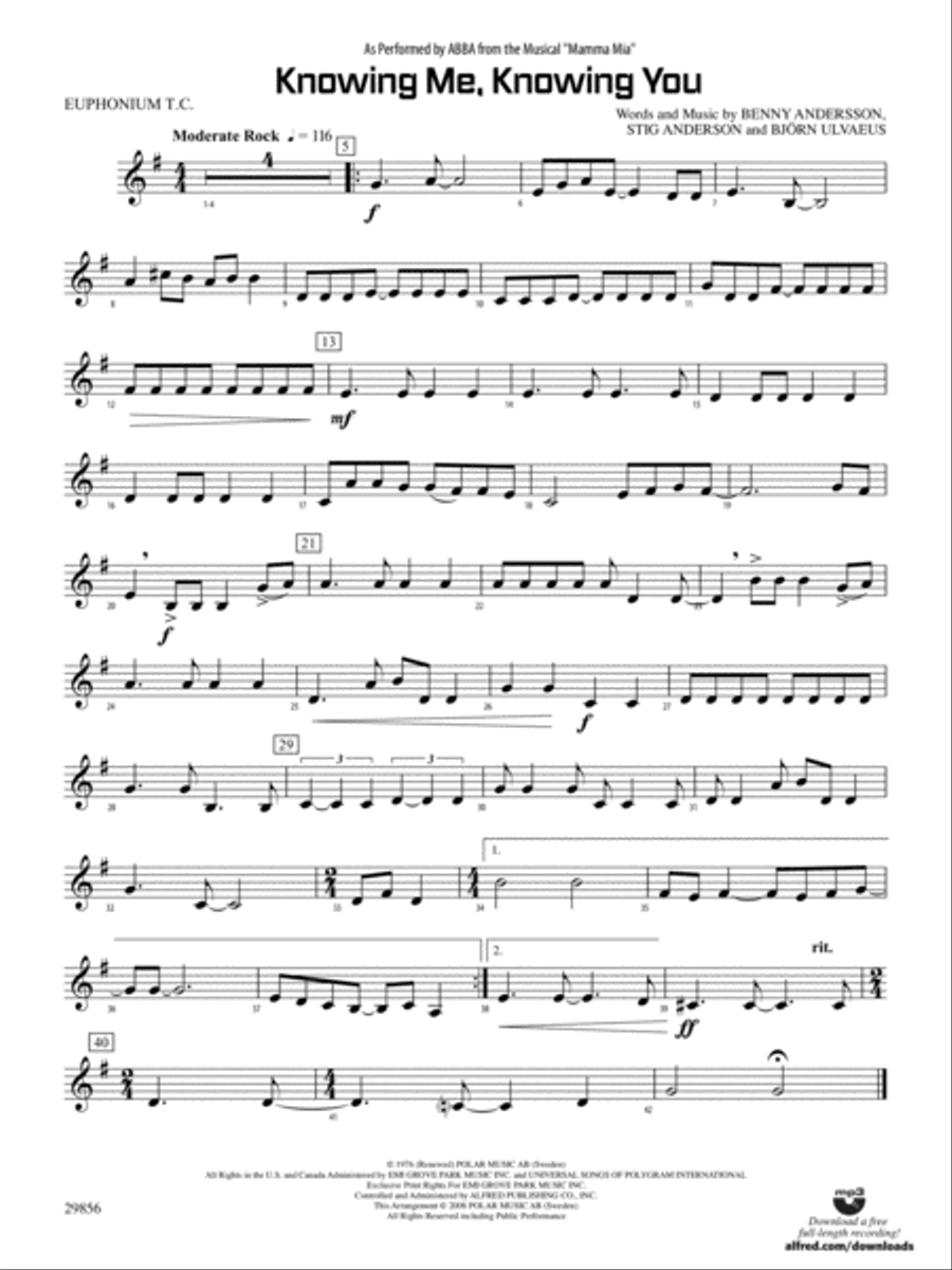 Knowing Me, Knowing You (As performed by ABBA from the musical Mamma Mia): Baritone T.C. Concert Band scores gallery preview page 1