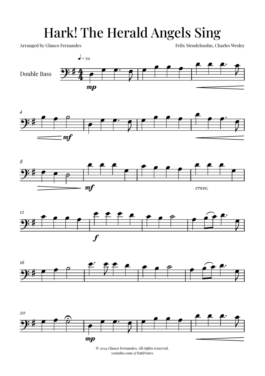 Hark! The Herald Angels Sing | BEAUTIFUL Christmas Carol Double Bass scores gallery preview page 1