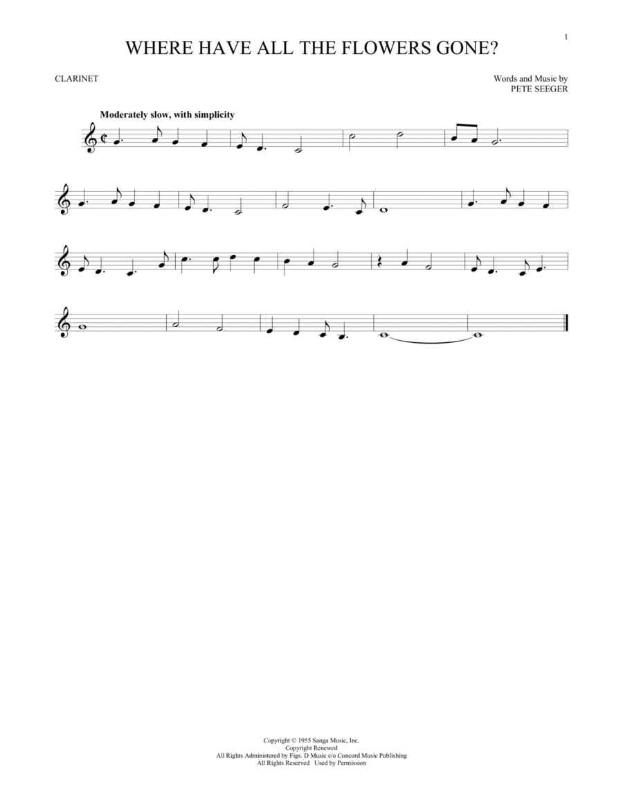 Where Have All The Flowers Gone? Clarinet Solo scores gallery preview page 1