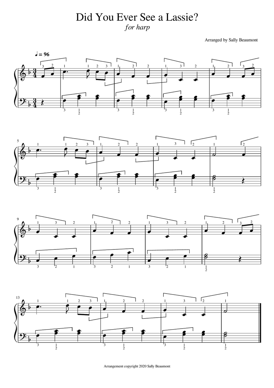 Did You Ever See a Lassie? - Children's Song for Easy Harp Harp scores gallery preview page 1