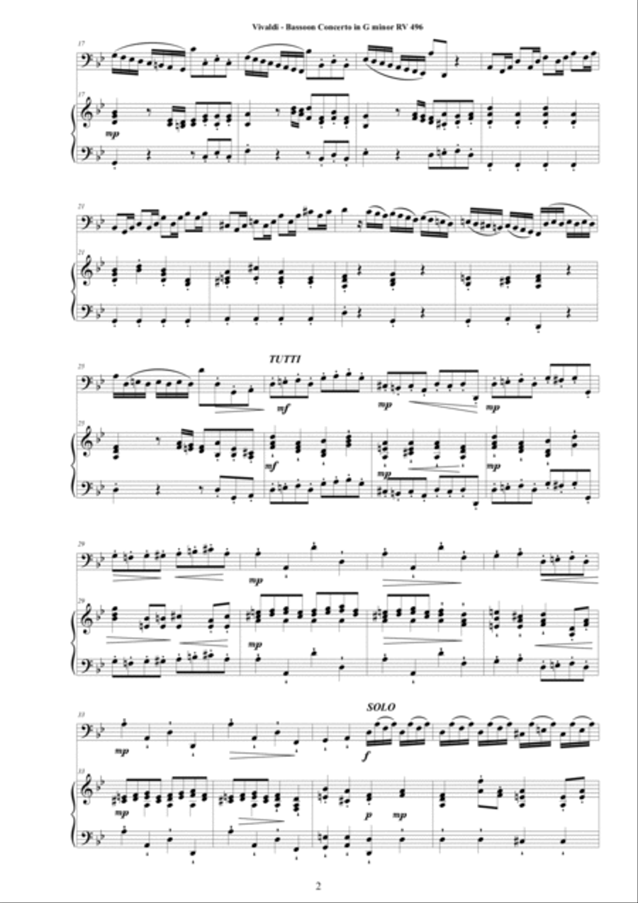 Vivaldi - Bassoon Concerto in G minor RV 496 for Bassoon and Cembalo or Piano Bassoon Solo scores gallery preview page 2