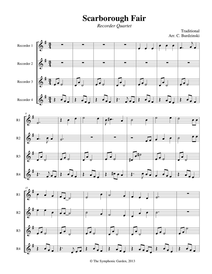 Scarborough Fair - recorder or flute quartet Flute Quartet scores gallery preview page 1