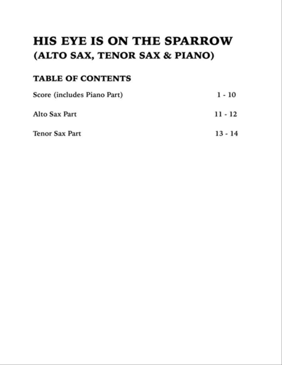 His Eye is on the Sparrow (Trio for Alto Sax, Tenor Sax and Piano) Tenor Saxophone scores gallery preview page 4