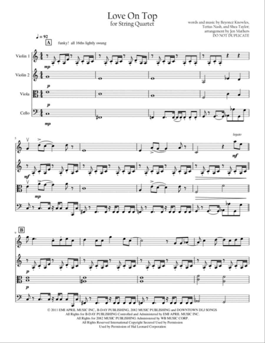 Love On Top String Quartet scores gallery preview page 4