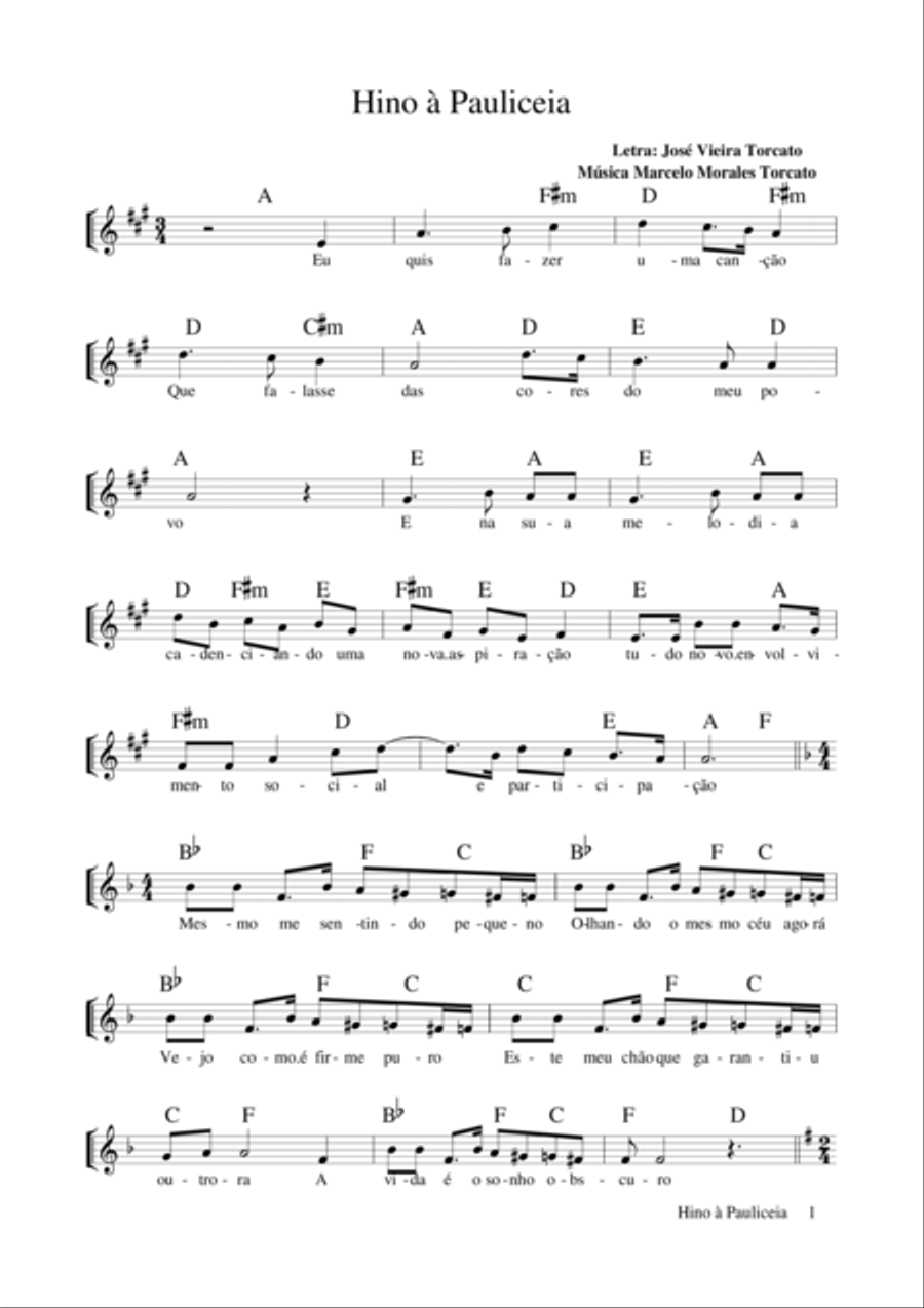 Hino à Pauliceia Hino à Pauliceia Piano, Vocal, Guitar scores gallery preview page 1