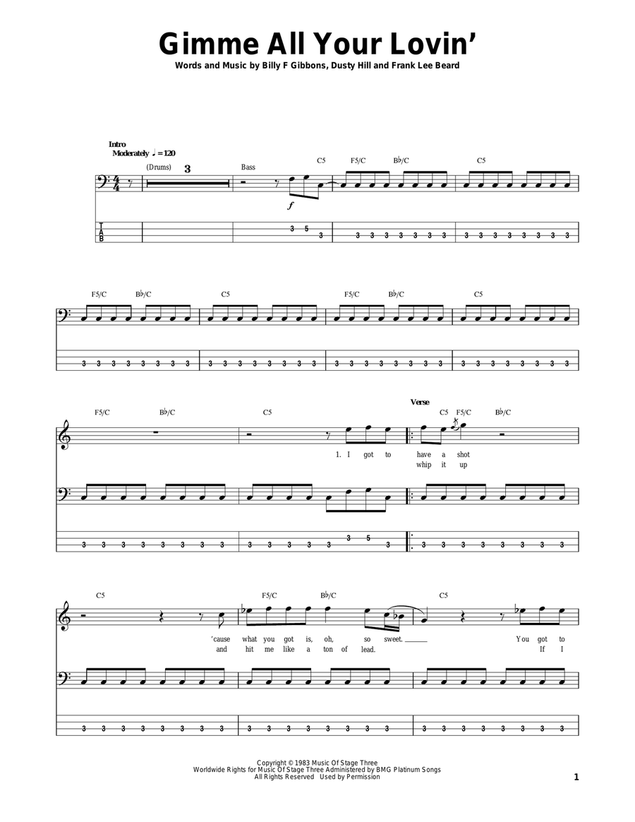 Gimme All Your Lovin' Gimme All Your Lovin' Bass Guitar Tablature scores gallery preview page 1