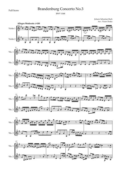 Brandenburg Concerto No. 3 in G major, BWV 1048 1st Mov. (J.S. Bach) for Violin Duo image number null