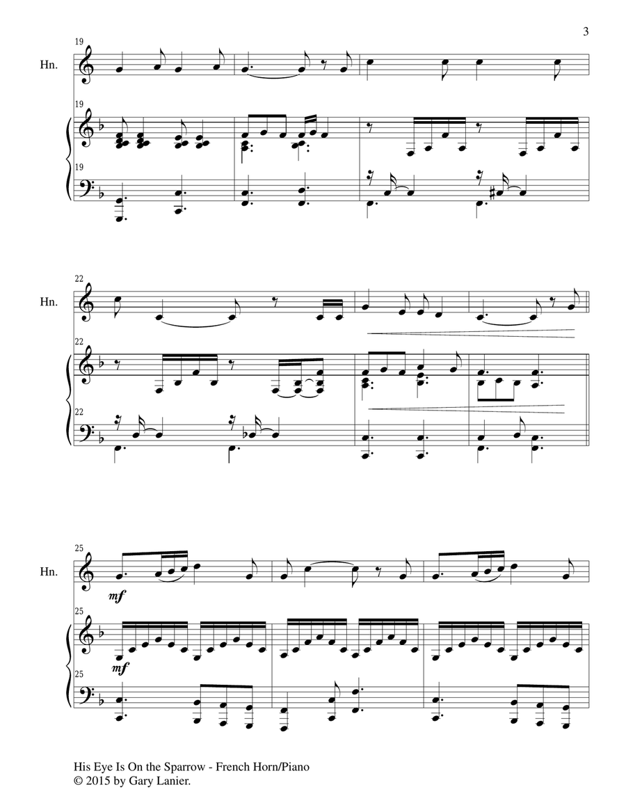 HIS EYE IS ON THE SPARROW (Duet – French Horn and Piano/Score and Parts) by Charles H. Gabriel Brass Duet - Digital Sheet Music page 4