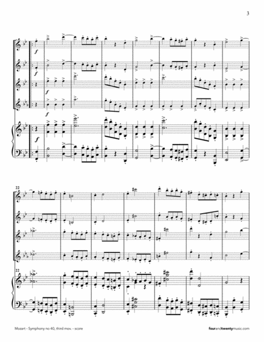 Symphony no 40, third movement (Minuetto and trio) arranged for four flutes and piano image number null