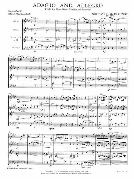 Adagio And Allegro, K. 594 For Flute, Oboe, Clarinet & Bassoon
