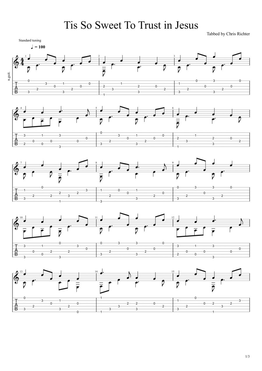 Tis So Sweet To Trust in Jesus Guitar Tablature scores gallery preview page 1