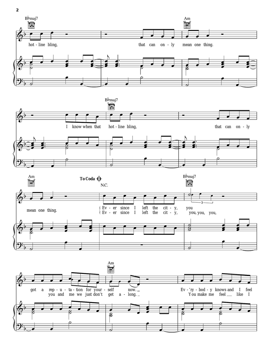 Hotline Bling Piano, Vocal, Guitar scores gallery preview page 2