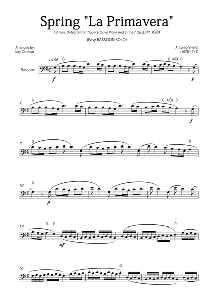 "Spring" (La Primavera) by Vivaldi - Easy version for BASSOON SOLO image number null