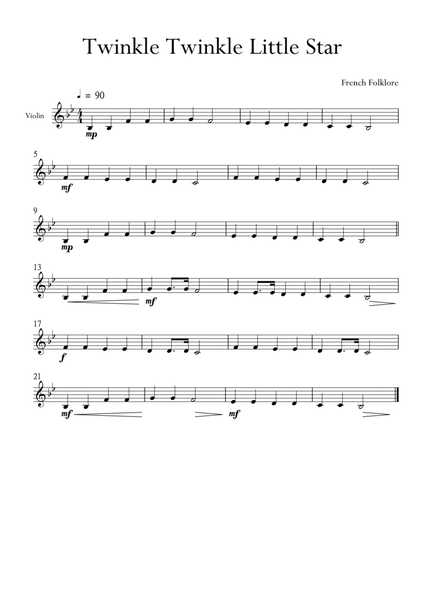 Twinkle Twinkle Little Star for Violin in Bb Major. Very Easy. image number null