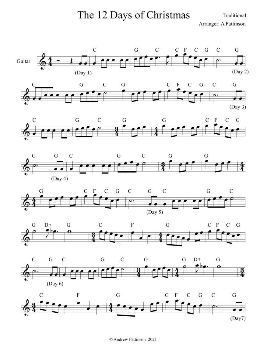 The 12 Days of Christmas for Guitar with Chords Easy Guitar scores gallery preview page 1