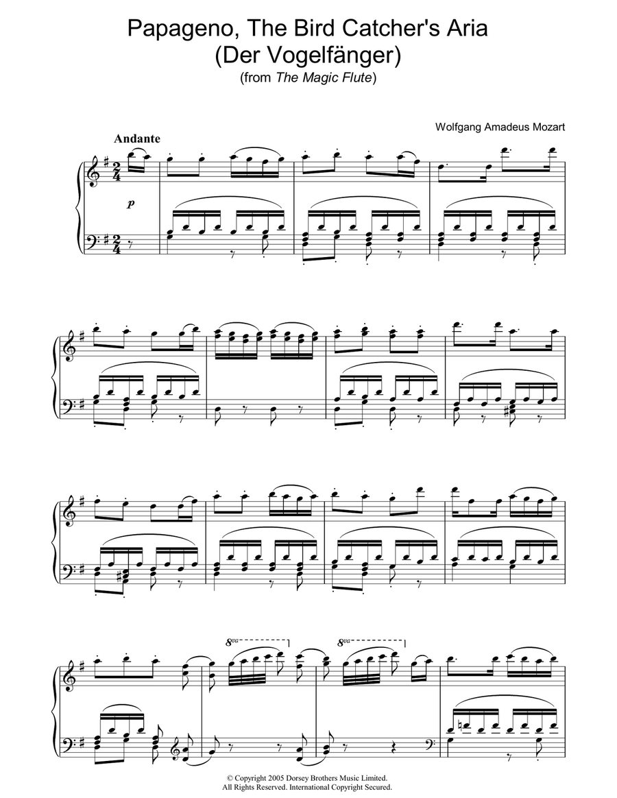 Papageno, The Bird Catcher's Aria (Der Vogelfanger) (from The Magic Flute) Piano Solo scores gallery preview page 1