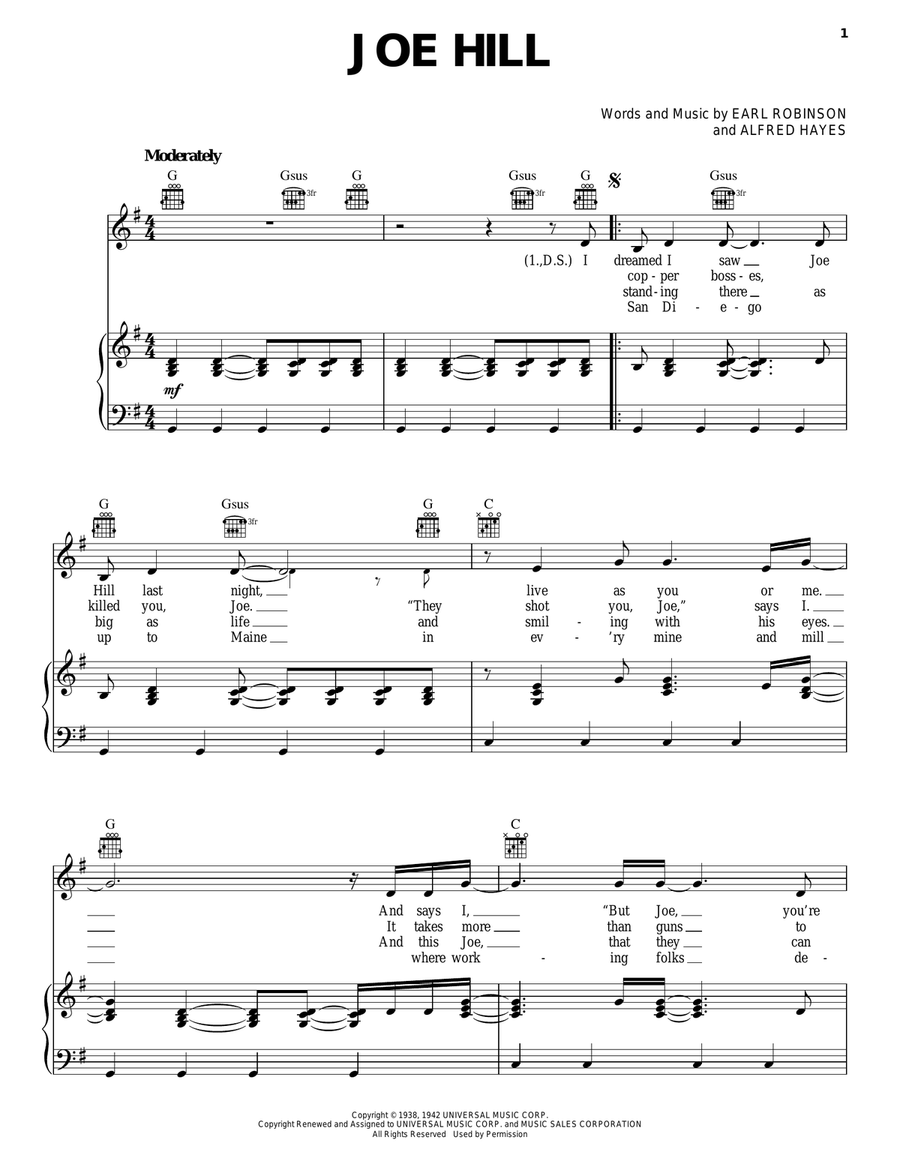 Joe Hill Piano, Vocal, Guitar scores gallery preview page 1