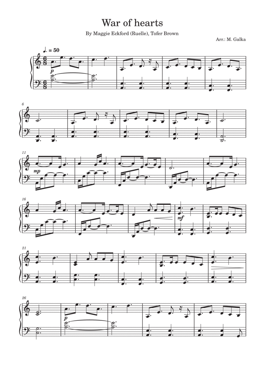 War Of Hearts Piano Solo scores gallery preview page 1