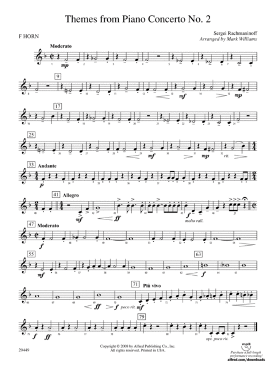 Themes from Piano Concerto No. 2: 1st F Horn Concert Band scores gallery preview page 1