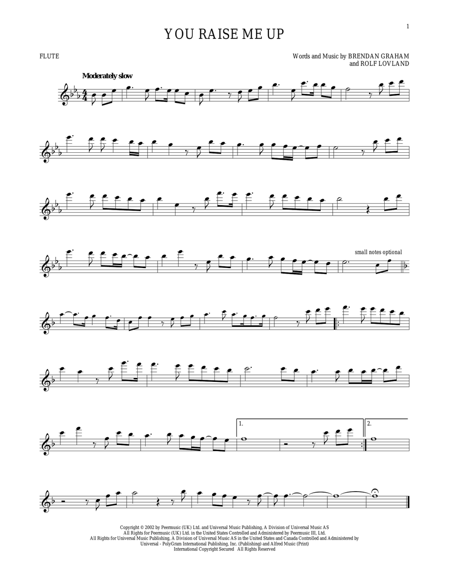 Download Digital Sheet Music of you raise me up for Flute