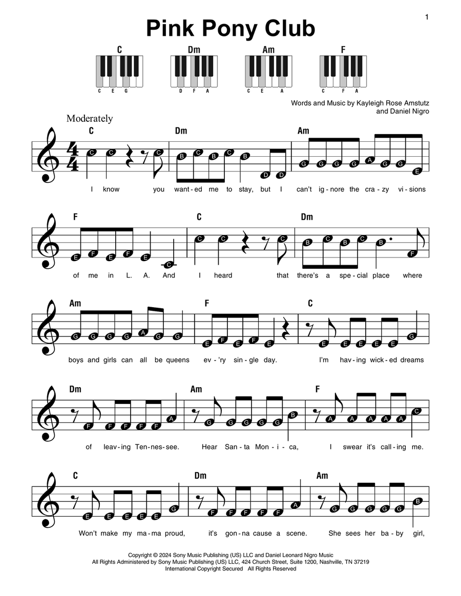 Pink Pony Club Easy Piano scores gallery preview page 1