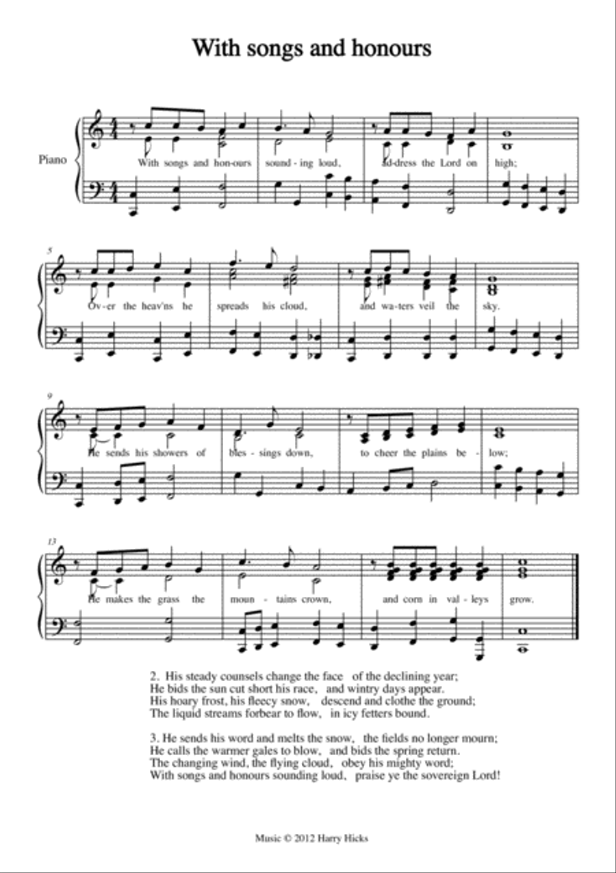 With songs and honours. A new tune to a wonderful old hymn. Unison Choir scores gallery preview page 1