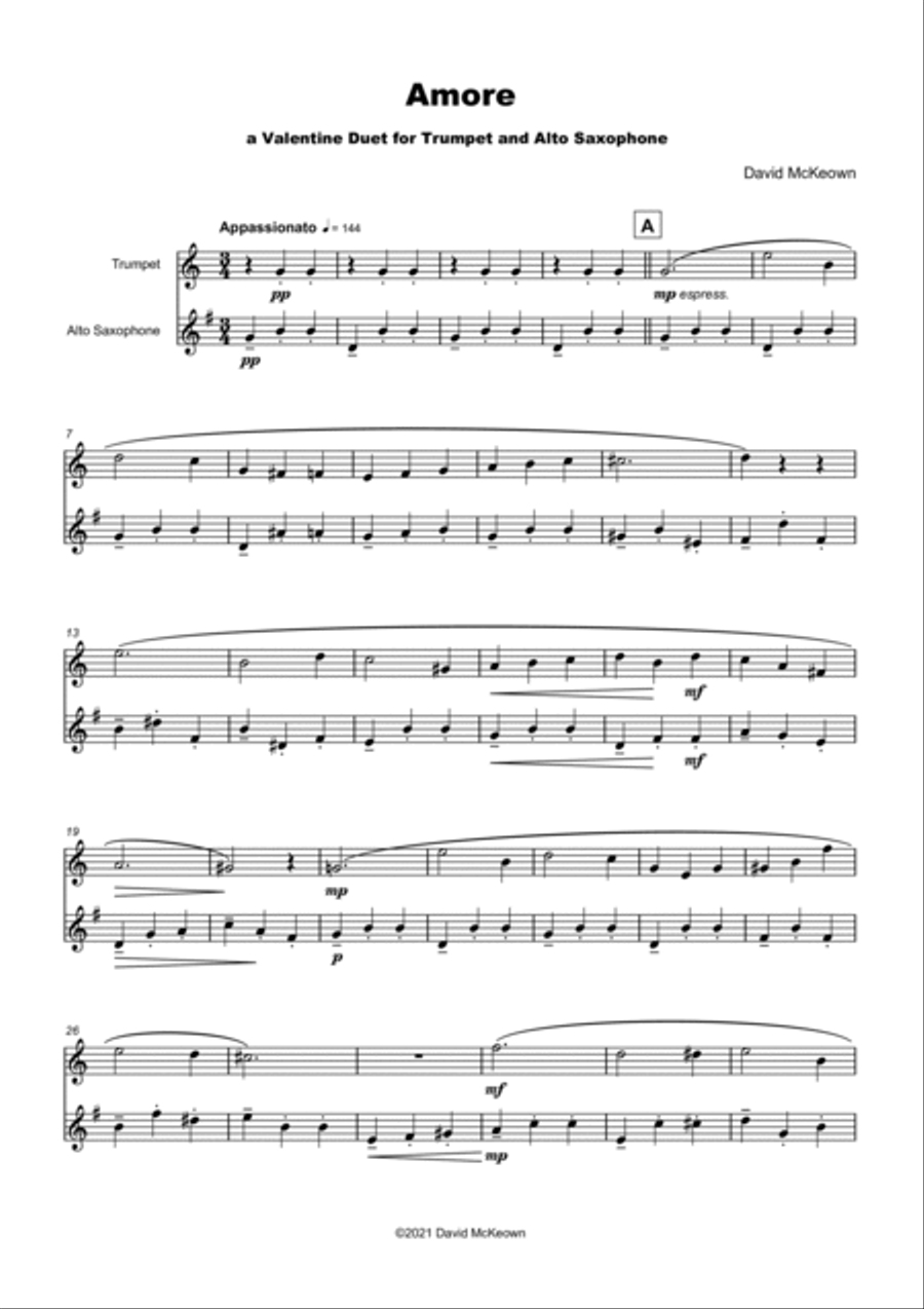 Amore, (Italian for Love), Trumpet and Alto Saxophone Duet Saxophone Duet scores gallery preview page 2