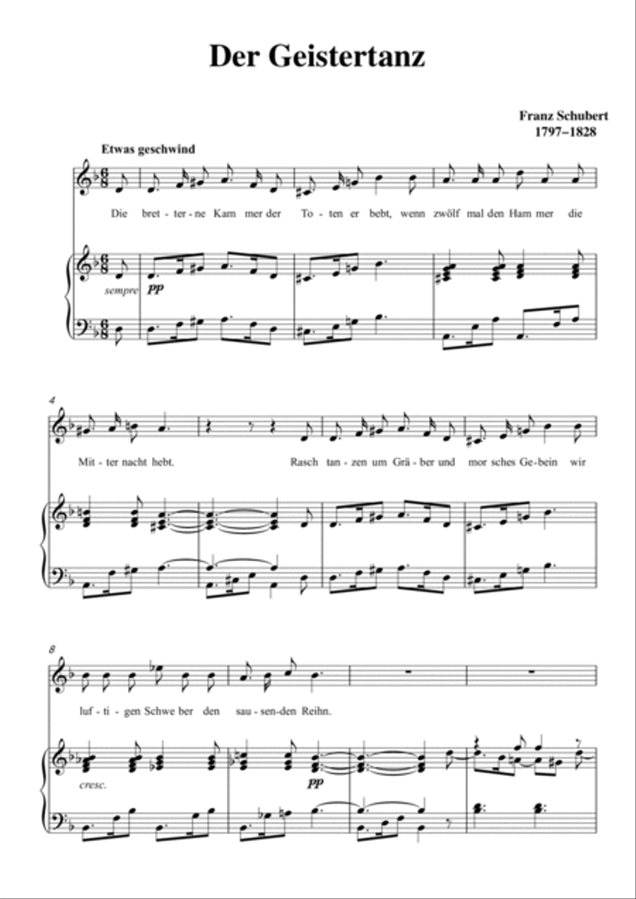 Schubert-Der Geistertanz, in d minor,for Vocal and Piano Voice scores gallery preview page 2