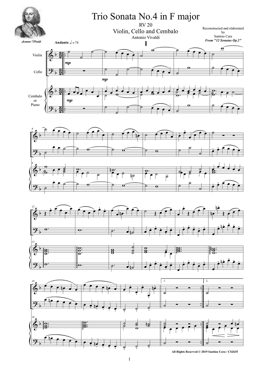 Vivaldi - Trio Sonata No.4 in F major RV 20 Op.2 for Violin, Cello and Cembalo (or Piano) Piano Trio scores gallery preview page 1