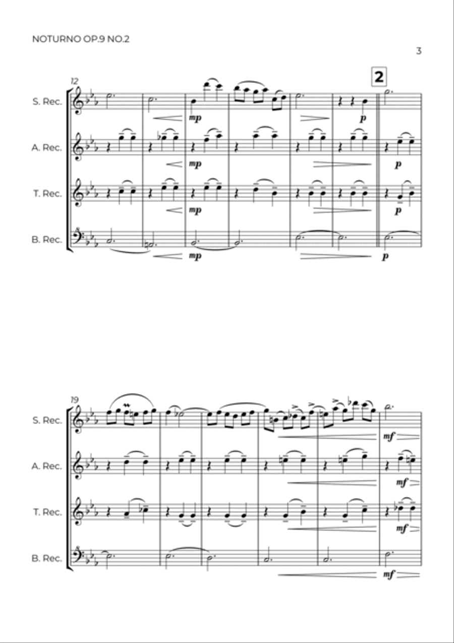NOTURNO OP.9 NO.2 - CHOPIN – RECORDER QUARTET Woodwind Ensemble scores gallery preview page 3