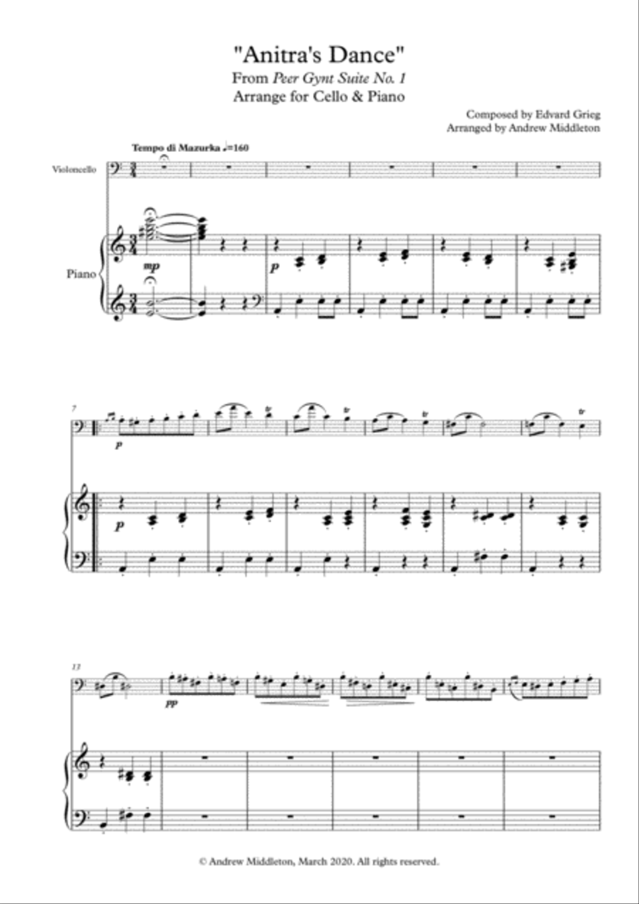 Anitra's Dance from Peer Gynt arranged for Cello and Piano Piano scores gallery preview page 3