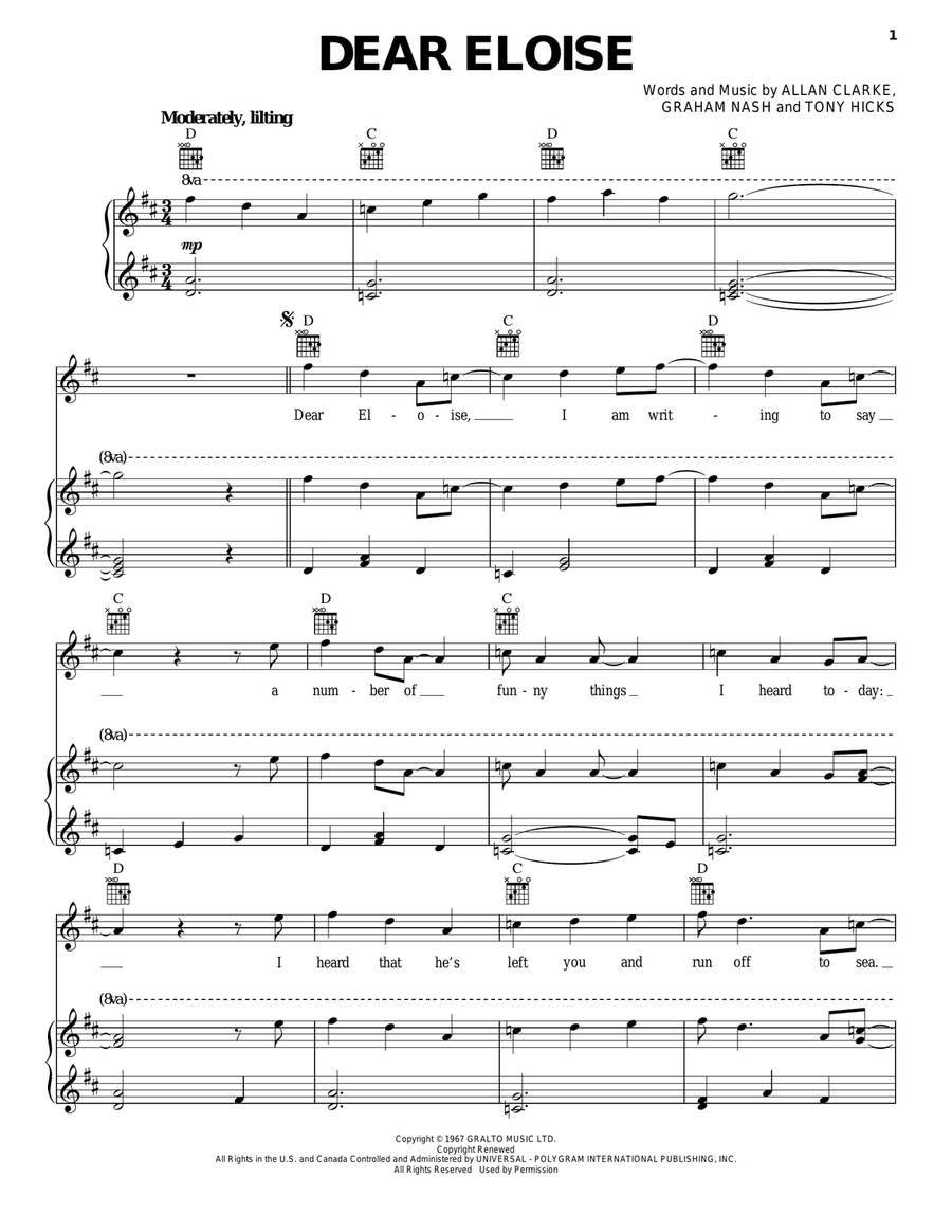 Dear Eloise Piano, Vocal, Guitar scores gallery preview page 1