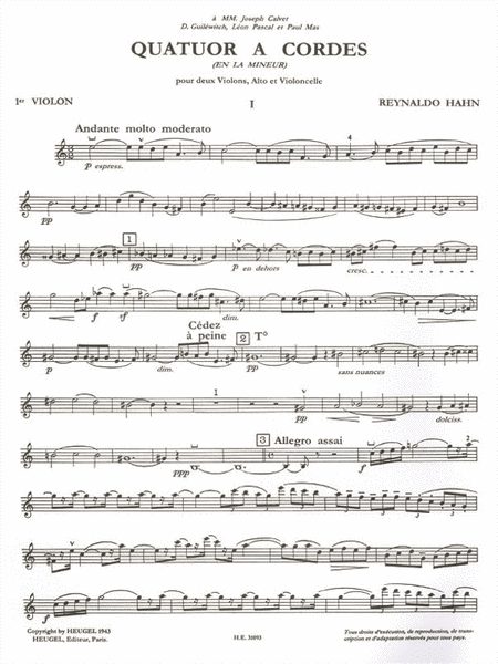 Quatuor A Cordes En La Mineur (18'20'') Pour 2 Violons, Alto Et Violoncelle (par