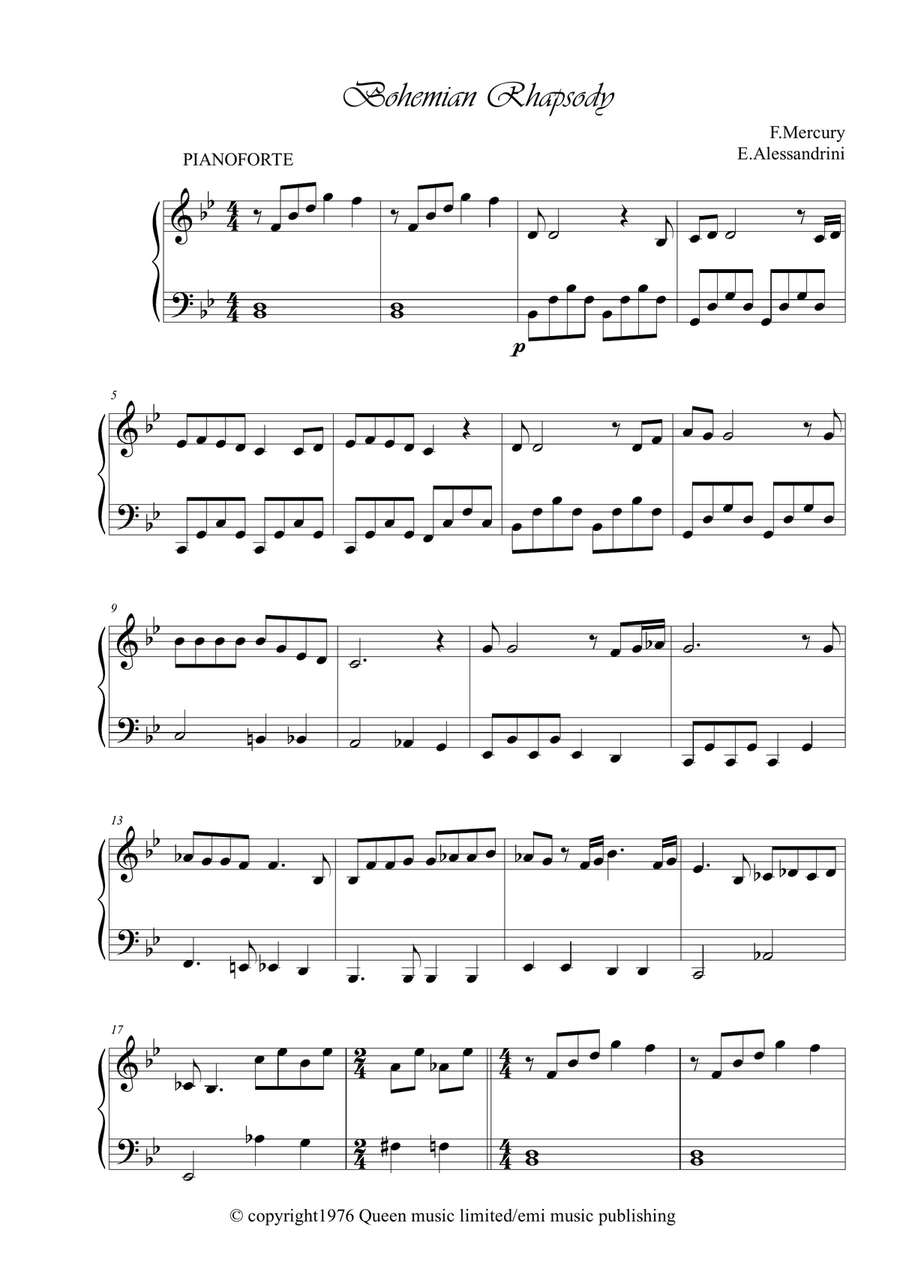 Bohemian Rhapsody Easy Piano scores gallery preview page 1