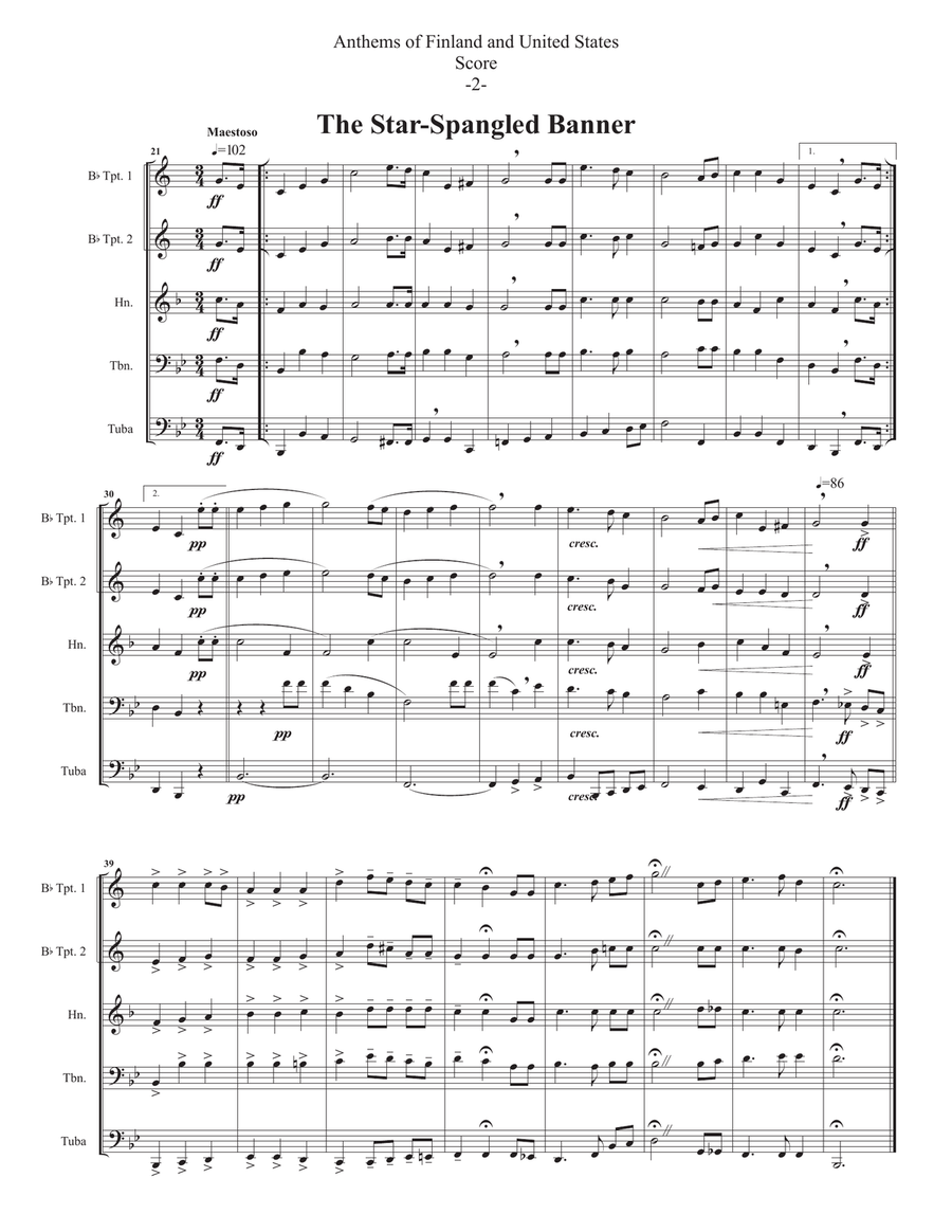 Finland National Anthem and US National Anthem for Brass Quintet Brass Quintet scores gallery preview page 4