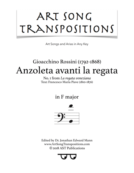 ROSSINI: Anzoleta avanti la regata (transposed to F major, bass clef) by Gioachino Rossini Voice - Digital Sheet Music