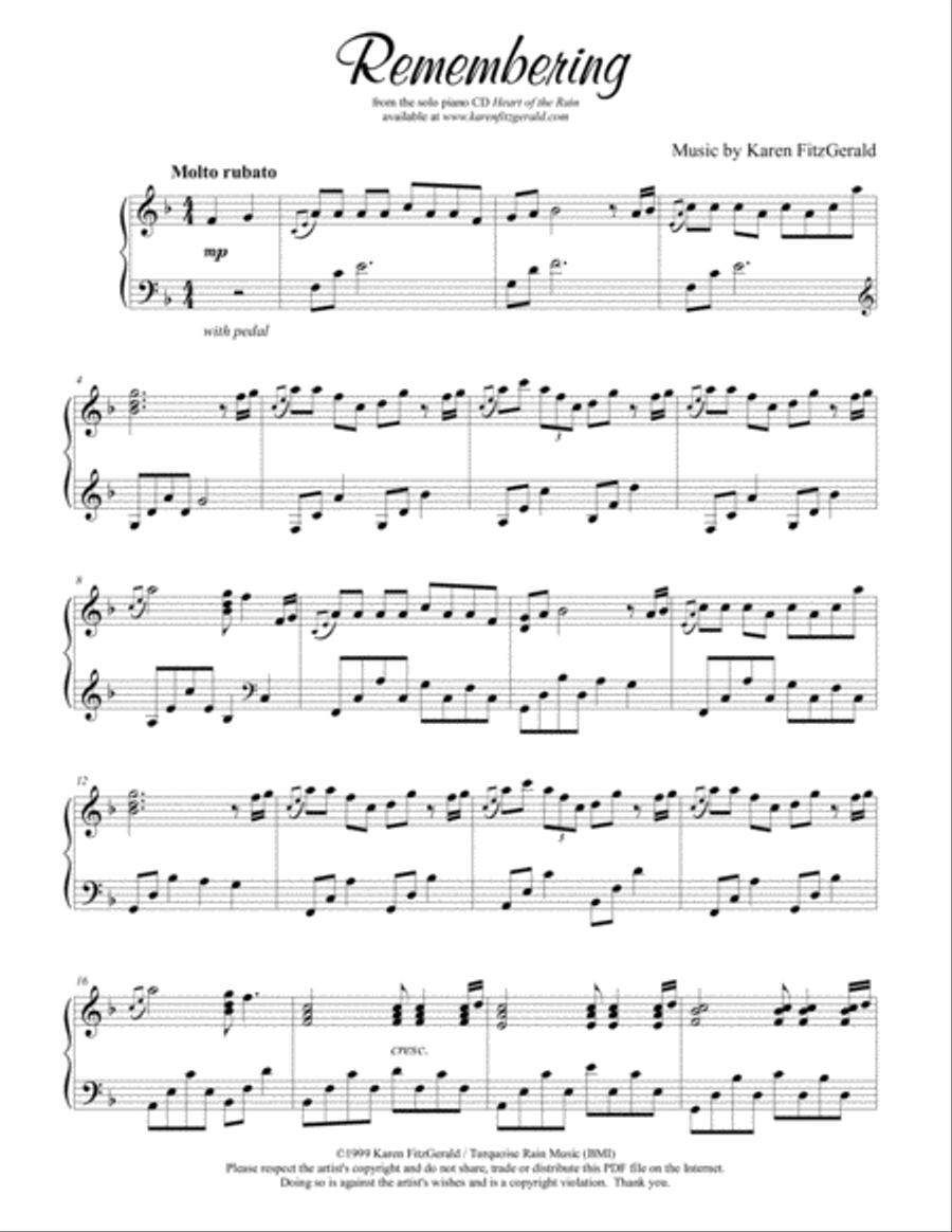 Remembering Piano Solo scores gallery preview page 1