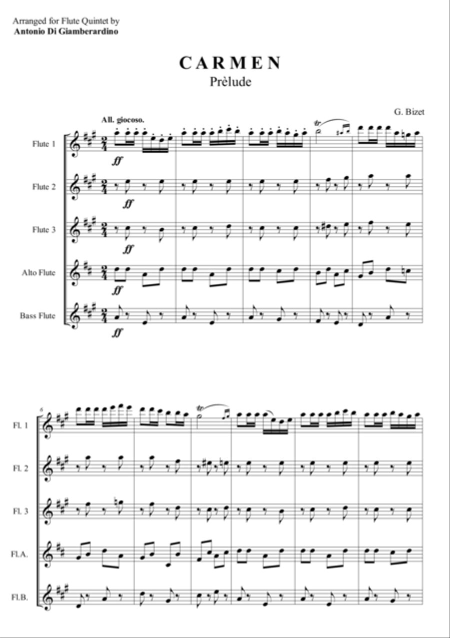 CARMEN - PRELUDE - Flute Quintet Woodwind Quintet scores gallery preview page 1