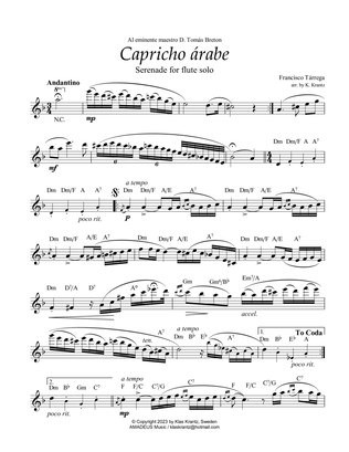 Capricho árabe for flute solo (+guitar chords)